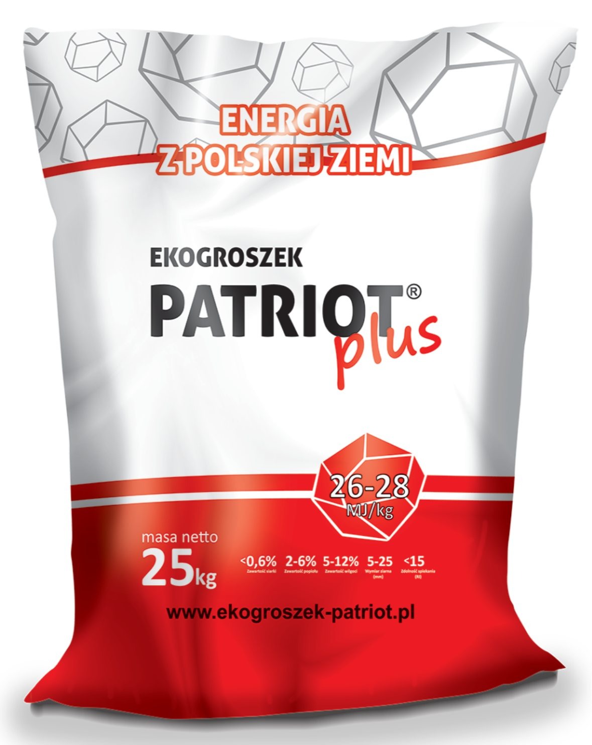 Worek ekogroszku Patriot Plus o masie 25 kg z widocznymi parametrami: kaloryczność 26-28 MJ/kg, zawartość siarki <0,6%, zawartość popiołu 2-6%, wilgotność 5-12%, wymiar ziarna 5-25 mm, zdolność...