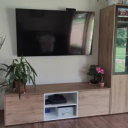 Drewniana szafka RTV na wymiar z otwartymi półkami, w których umieszczono konsolę PlayStation i drukarkę, nad nią zawieszony telewizor, obok wysoka witryna z oświetleniem i rośliny doniczkowe.