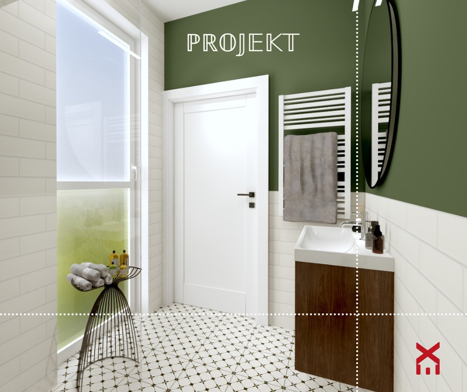 Projekt łazienki z białymi płytkami imitującymi cegłę, zieloną ścianą, białymi drzwiami, umywalką z szafką w kolorze drewna i owalnym lustrem. Na podłodze wzorzysta mozaika.