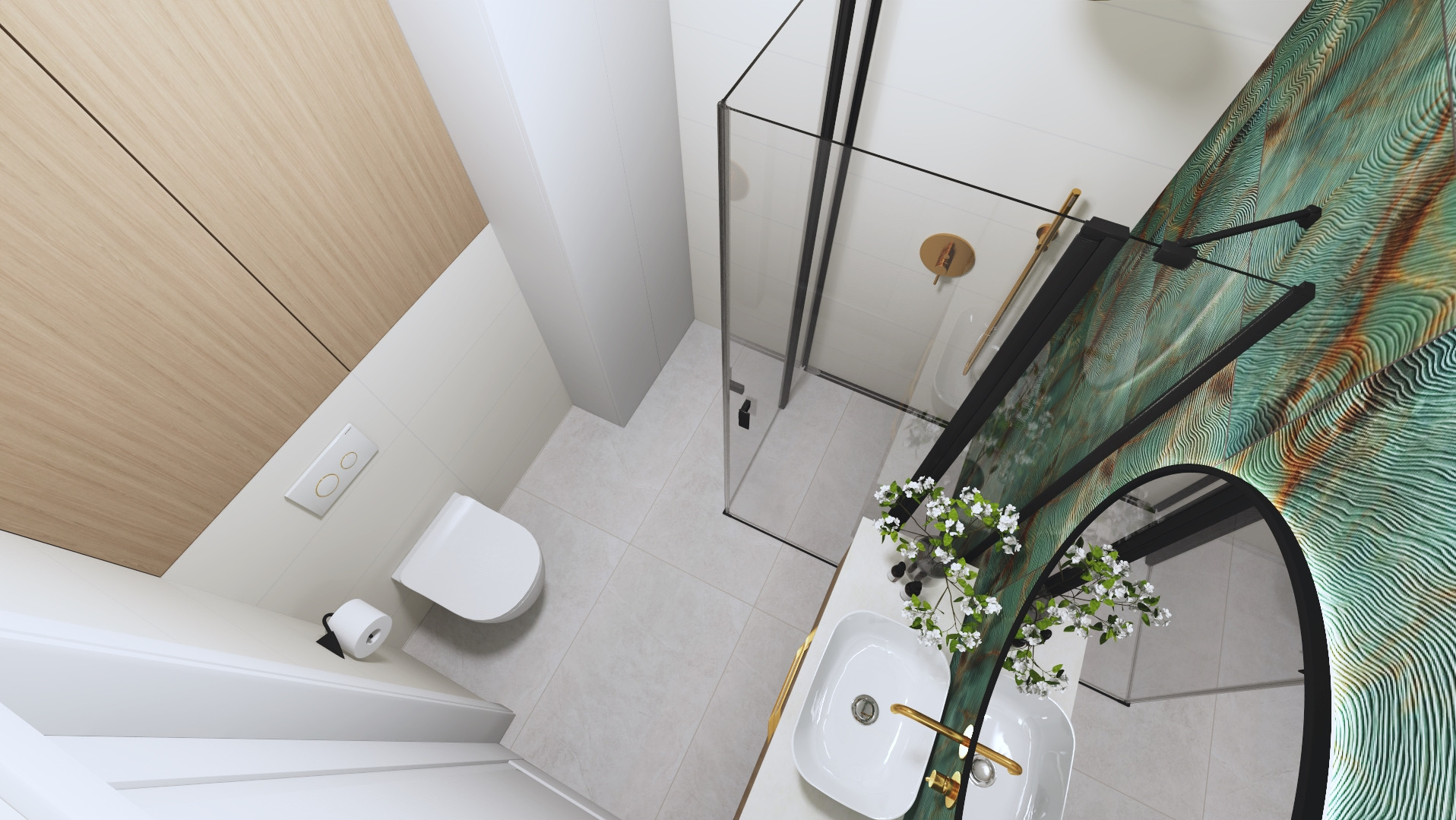 Wizualizacja nowoczesnej łazienki z kabiną prysznicową w czarnej ramie, umywalką nablatową z baterią w kolorze złotym, toaletą oraz oryginalną okładziną ścienną w odcieniach zieleni i brązu.