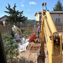 Prace ziemne w ogrodzie: żółta koparka w trakcie wykopywania ziemi, obok pracownik siedzący na wiadrze i układający białą tkaninę, drugi pracownik z niwelatorem i taczką w tle.