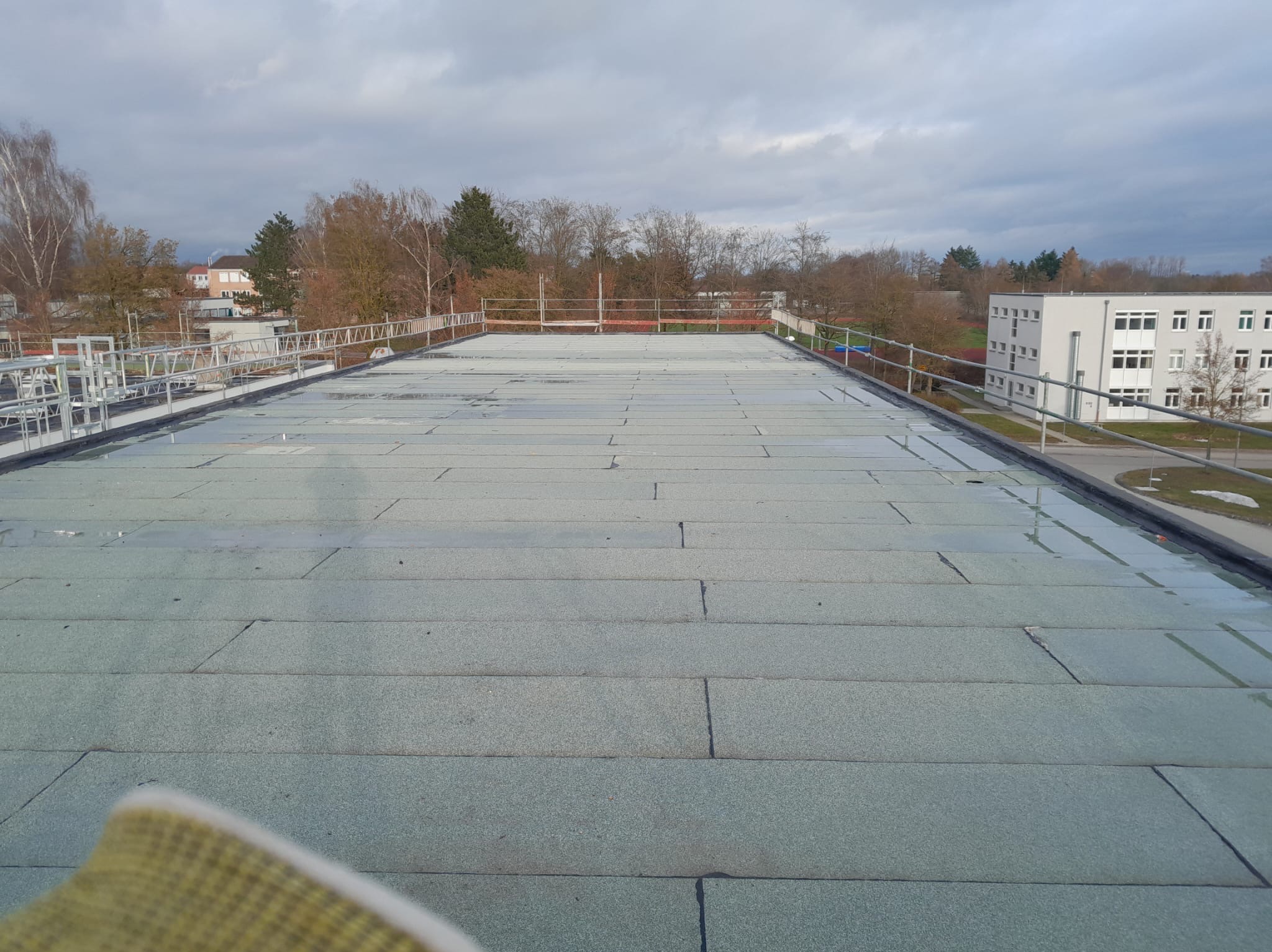 Płaski dach pokryty papą termozgrzewalną z widocznymi spoinami, zabezpieczony barierkami, w tle budynek i drzewa pod pochmurnym niebem.