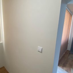 Nazarii Sheketa - Świeżo pomalowana ściana w jasnym odcieniu z zamontowanym włącznikiem światła, widoczne rolety pionowe i fragment podłogi.