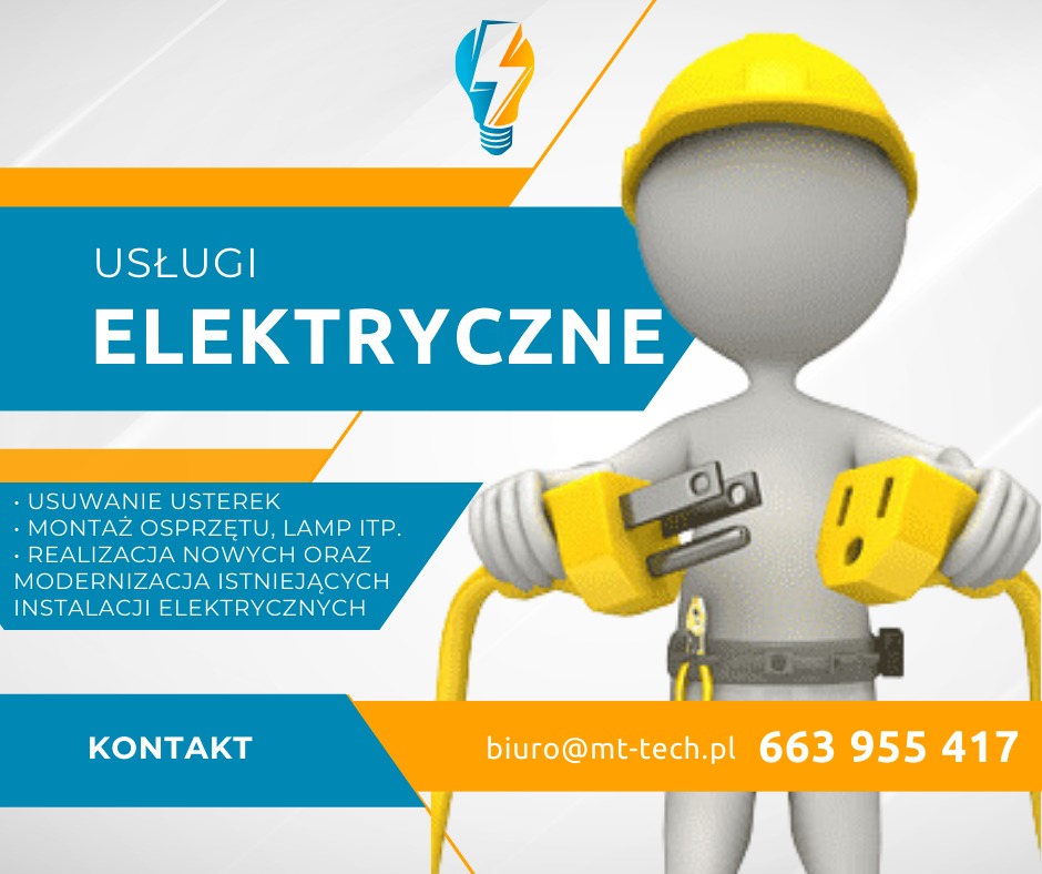 Grafika reklamowa usług elektrycznych: Stylizowana postać w kasku trzyma wtyczki elektryczne, obok napisy 'Usługi Elektryczne', 'Usuwanie usterek' oraz dane kontaktowe.