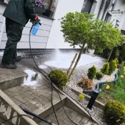 Mężczyzna w zielonym kombinezonie czyści kostkę brukową myjką ciśnieniową. Widoczne rośliny, kwiaty w donicach i elementy elewacji domu. Woda pod ciśnieniem.