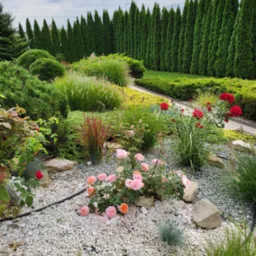 Starannie zaprojektowany ogród z różami w odcieniach czerwieni i różu, ozdobnymi trawami i ścieżką wysypaną drobnym żwirem, zakończoną szpalerem wysokich, strzelistych drzew.