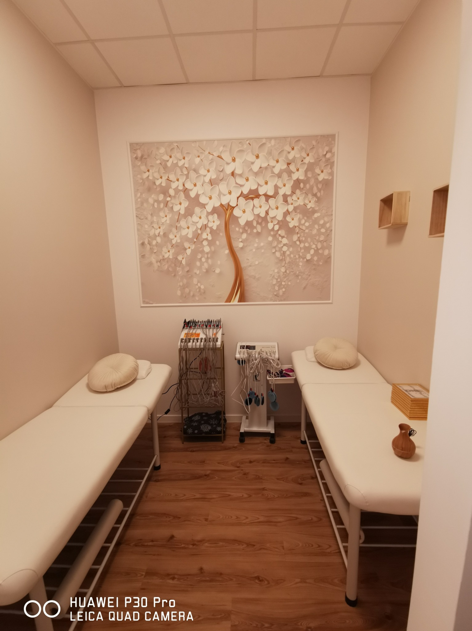 Jasne wnętrze gabinetu z dwoma białymi leżankami, sprzętem do elektroterapii, dekoracją ścienną z motywem kwitnącego drzewa i drewnianymi półkami.