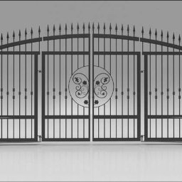 DEMEX SPÓŁKA Z OGRANICZONĄ ODPOWIEDZIALNOŚCIĄ - Wizualizacja dwuskrzydłowej, metalowej bramy wjazdowej z dekoracyjnym, okrągłym motywem roślinnym, zakończonej szpicami, z zamontowaną automatyką po obu stronach, w szarym otoczeniu.