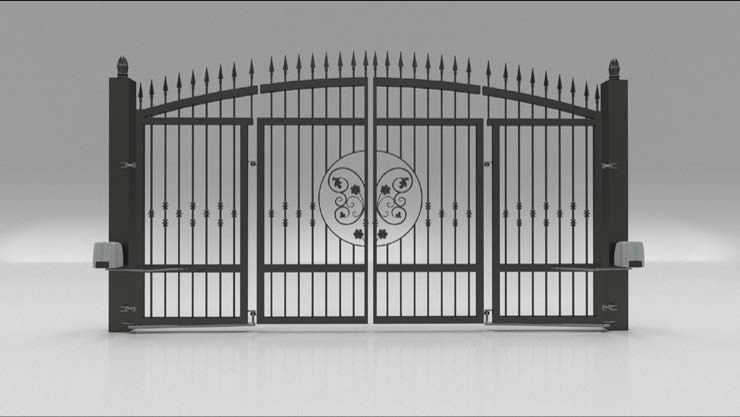 Wizualizacja dwuskrzydłowej, metalowej bramy wjazdowej z dekoracyjnym, okrągłym motywem roślinnym, zakończonej szpicami, z zamontowaną automatyką po obu stronach, w szarym otoczeniu.