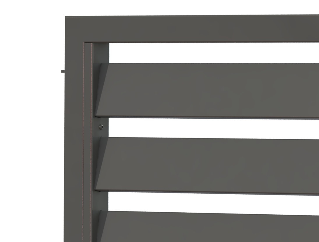 Fragment nowoczesnego, szarego ogrodzenia metalowego z poziomymi lamelami, widoczne mocowanie na śruby.