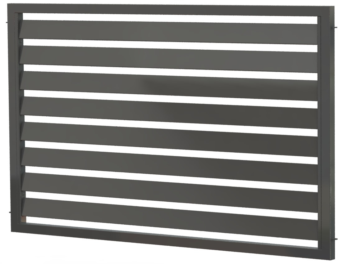 Szary panel ogrodzeniowy z poziomych listew w ramie, widoczne białe prześwity między listwami, nowoczesny design.