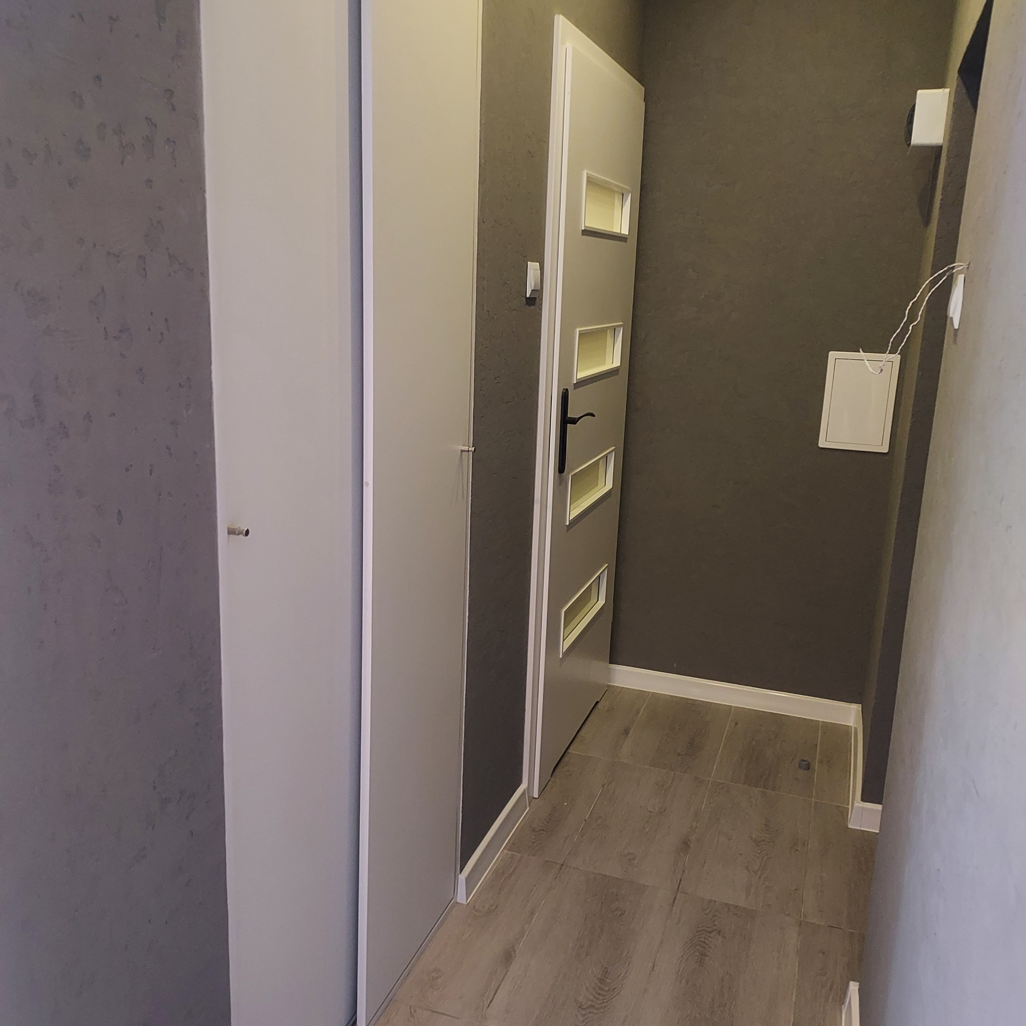 Nowoczesny przedpokój z szarą ścianą o fakturze betonu, białą szafą i drzwiami z przeszkleniami oraz panelami podłogowymi imitującymi drewno.