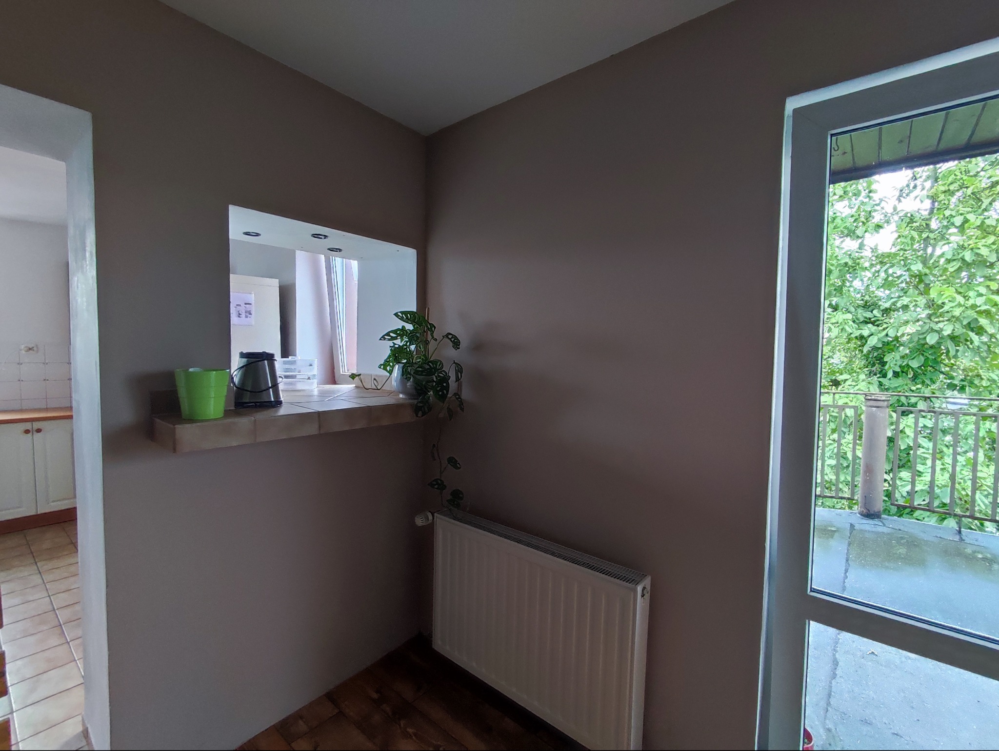 Jasnobrązowe ściany po odświeżeniu, widok na kuchnię przez otwór w ścianie, doniczka z rośliną na półce, biały grzejnik pod oknem balkonowym z widokiem na zieleń.