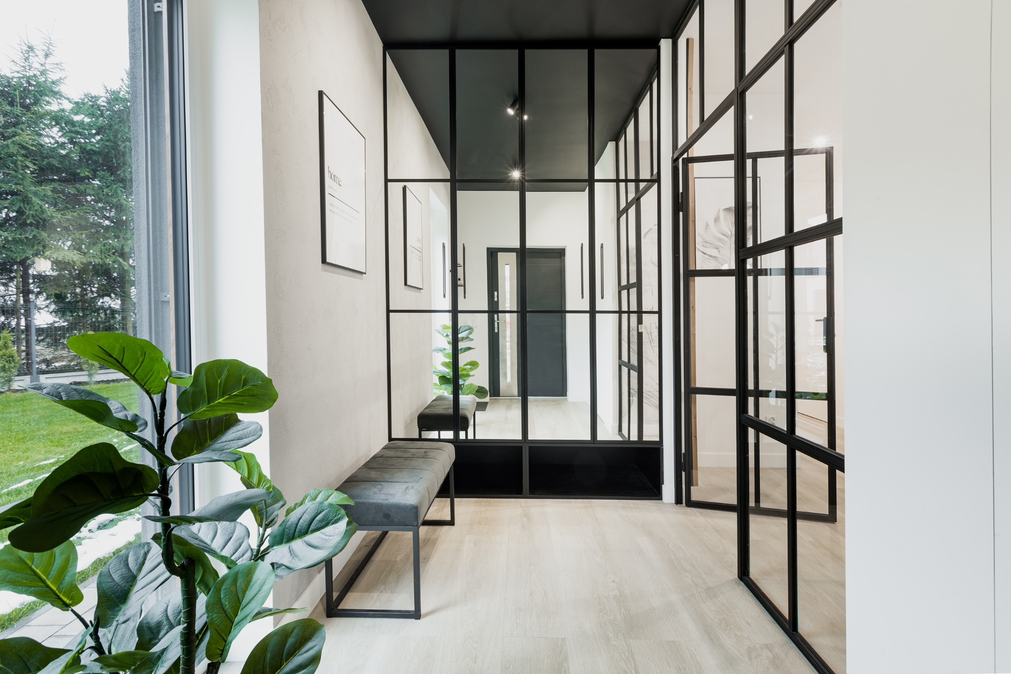 Nowoczesny przedpokój z czarną, przeszkloną ścianką działową, szarą ławką i rośliną doniczkową przy oknie.