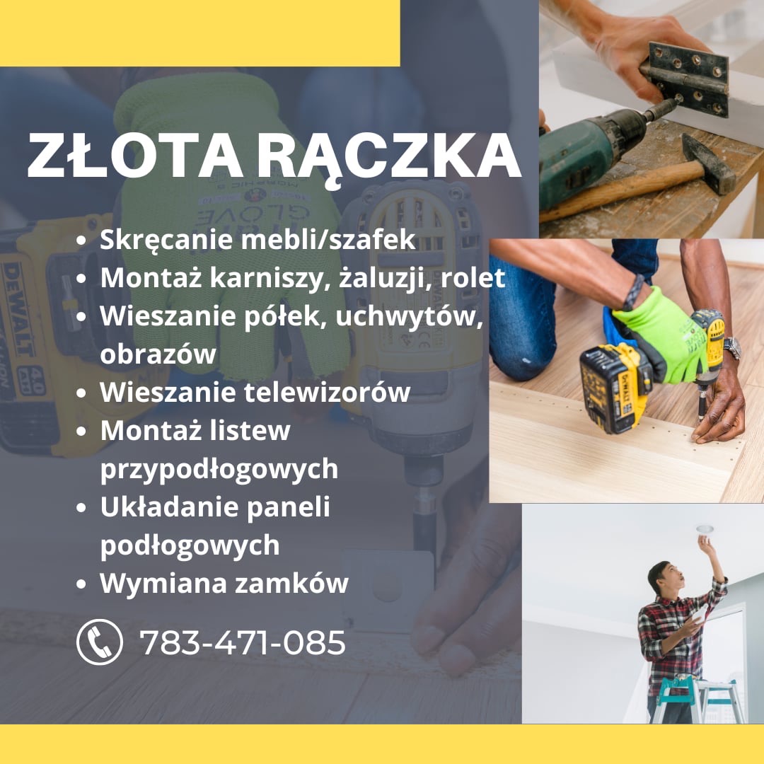 Montażysta z wiertarką DeWalt w zielonych rękawicach skręca meble, w tle narzędzia i lista usług 'Złota Rączka' z numerem telefonu.