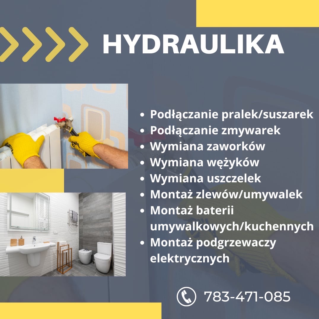 Grafika reklamowa firmy hydraulicznej: zbliżenie na hydraulika w żółtych rękawicach roboczych dokręcającego zawór przy grzejniku, obok zdjęcie wykończonej łazienki z białą armaturą, lista usług...