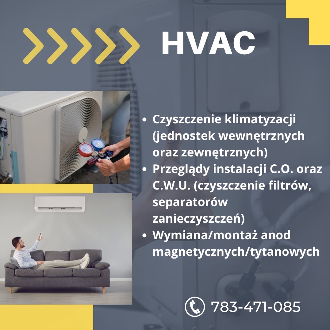 Grafika reklamowa firmy HVAC z ofertą czyszczenia klimatyzacji, przeglądów instalacji C.O. i C.W.U. oraz wymiany anod. Na zdjęciu klimatyzator zewnętrzny podczas serwisu i wnętrze z klimatyzatorem...