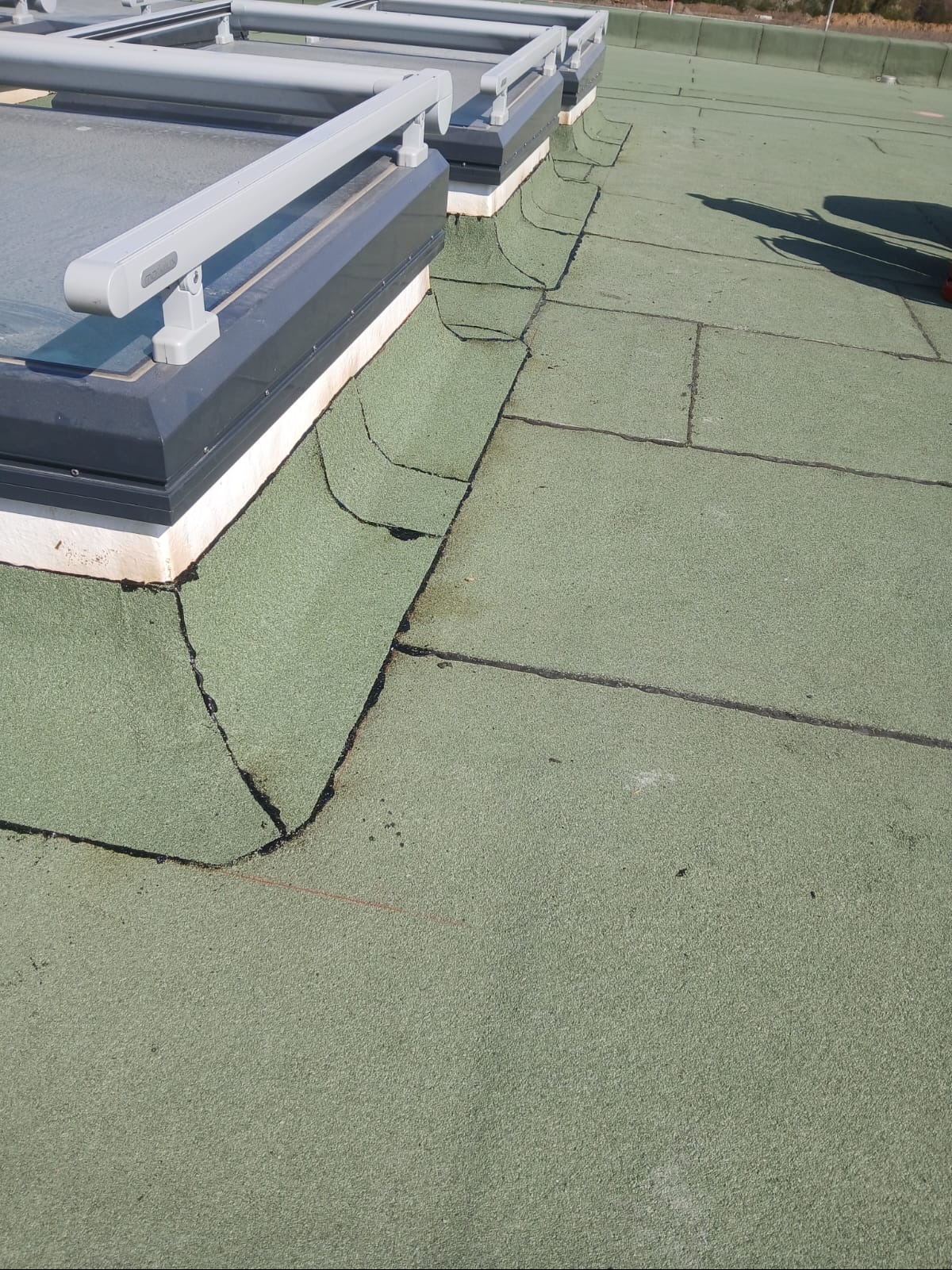 Zielony dach z papy z widocznymi szwami i czterema świetlikami dachowymi z szarymi uchwytami, widok z góry.