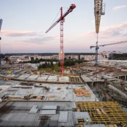 Rozległy plac budowy z widocznymi elementami szalunków, siatki zbrojeniowej, oraz czterema żurawiami wieżowymi na tle miejskiego krajobrazu o zmierzchu.