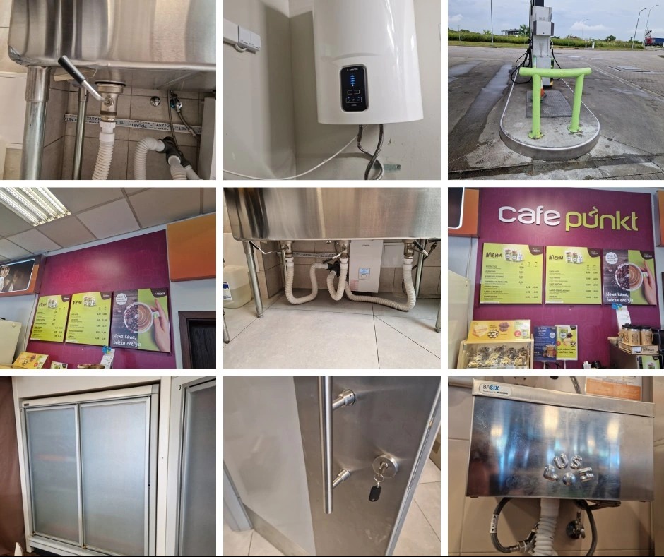 Kolaż zdjęć przedstawiający różne elementy wyposażenia i instalacje: zlew ze stali nierdzewnej z widocznymi rurami i syfonem, bojler elektryczny na ścianie, dystrybutor paliwa na stacji benzynowej,...