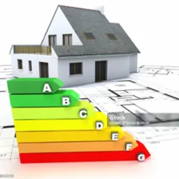 Wizualizacja domu z naniesioną kolorową skalą klas energetycznych od A do G, umieszczona na planie architektonicznym.
