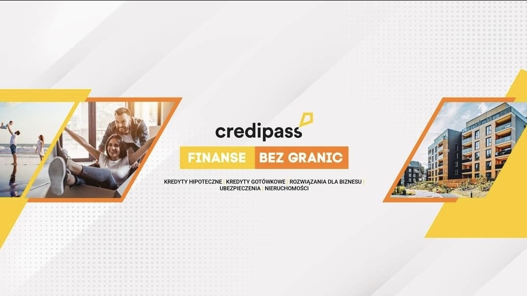 Grafika reklamowa Credipass: rodzina na plaży, para w kartonie w nowym mieszkaniu, nowoczesny budynek mieszkalny, hasło 'Finanse bez granic', kredyty hipoteczne, gotówkowe, rozwiązania dla biznesu,...