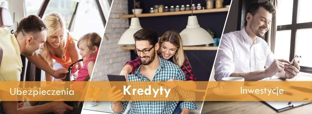 Kompozycja trzech scen: rodzina w samochodzie, para przeglądająca tablet w kuchni i mężczyzna korzystający ze smartfona przy oknie, symbolizujące ubezpieczenia, kredyty i inwestycje.