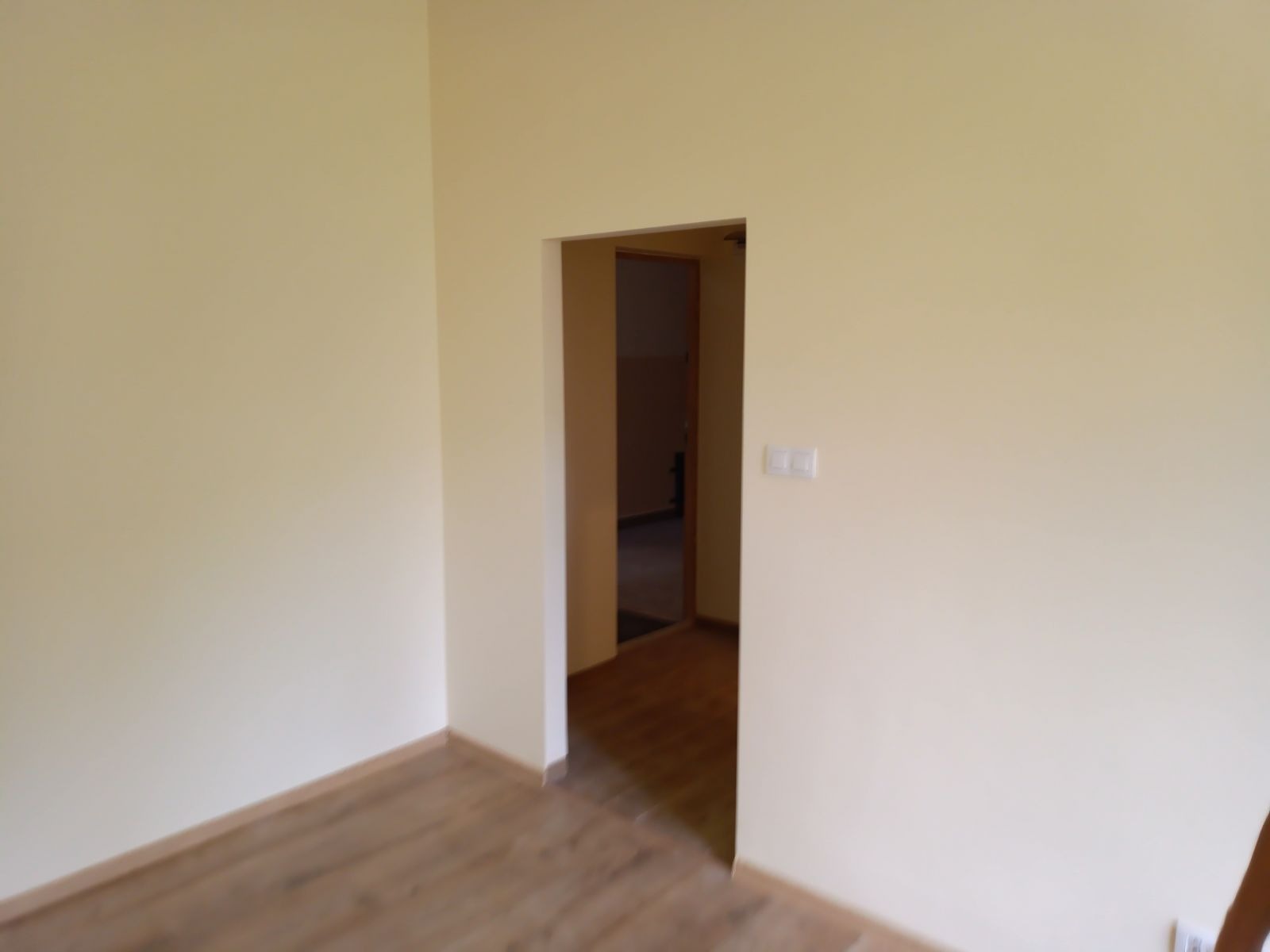 Pomalowane na kremowo ściany w pustym pokoju z widoczną podłogą z paneli i otwartym przejściem do kolejnego pomieszczenia.