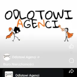 Ilustracja logotypu firmy Odlotowi Agenci przedstawiająca kreskówkowe postacie trzymające klucz i domek, w pomarańczowo-czarnej kolorystyce.