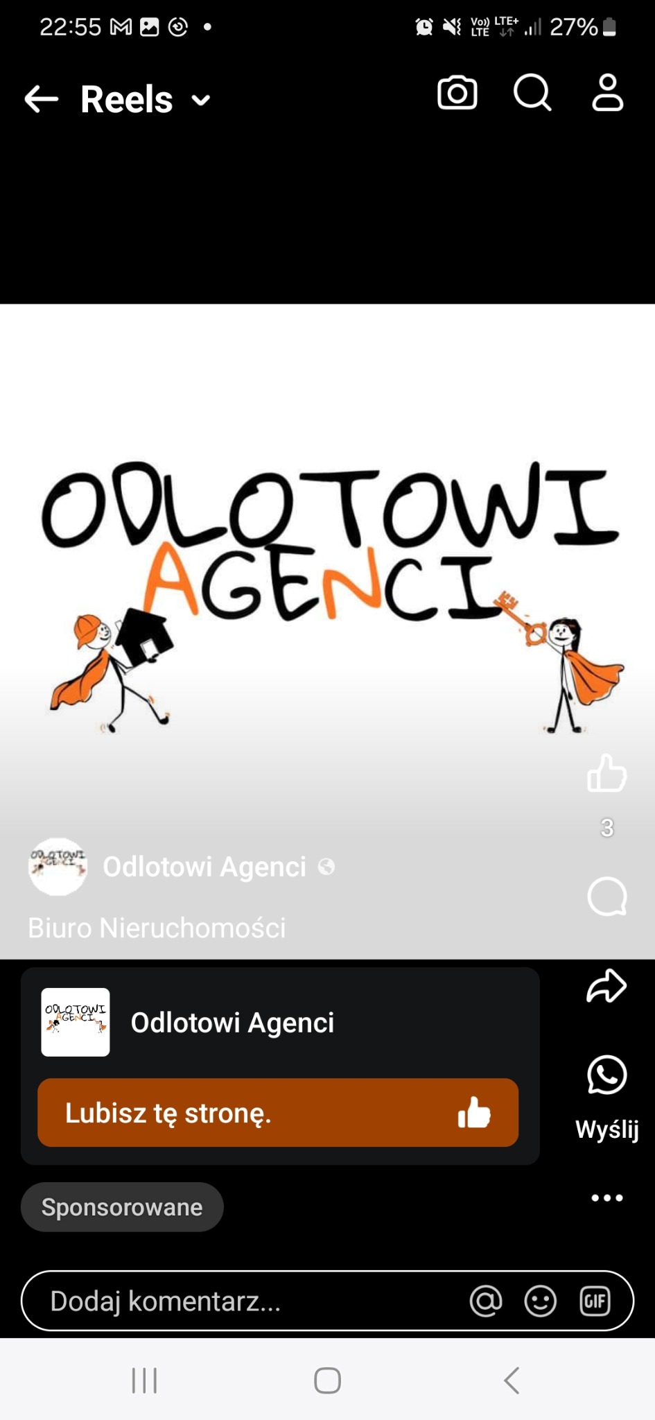 Ilustracja logotypu firmy Odlotowi Agenci przedstawiająca kreskówkowe postacie trzymające klucz i domek, w pomarańczowo-czarnej kolorystyce.