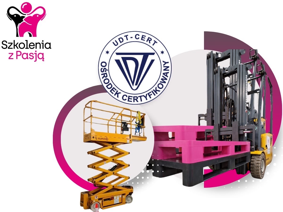 Żółty podnośnik nożycowy i wózek widłowy z różowymi paletami na tle certyfikatu UDT-CERT.