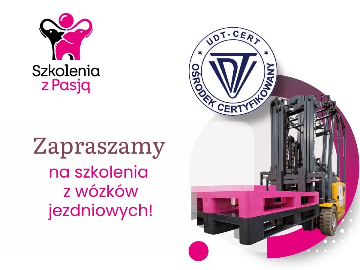 Grafika reklamowa: wózek widłowy z różowymi paletami, logo firmy szkoleniowej z motywem słoni oraz znak certyfikacji UDT-CERT.