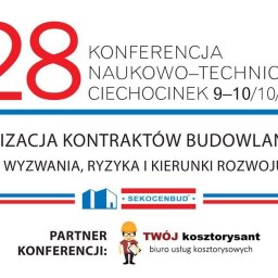 TWÓJ kosztorysant - biuro usług kosztorysowych - Plakat konferencji naukowo-technicznej w Ciechocinku w 2025 roku, dotyczącej realizacji kontraktów budowlanych. Logo Sekocenbud i firmy kosztorysowej.