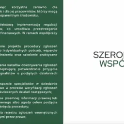 Tekst informacyjny o ochronie sygnalistów, obejmujący wdrożenie procedur zgłoszeń wewnętrznych, wsparcie prawne i rejestr zgłoszeń, z nagłówkiem 'Szeroki zakres współpracy'.