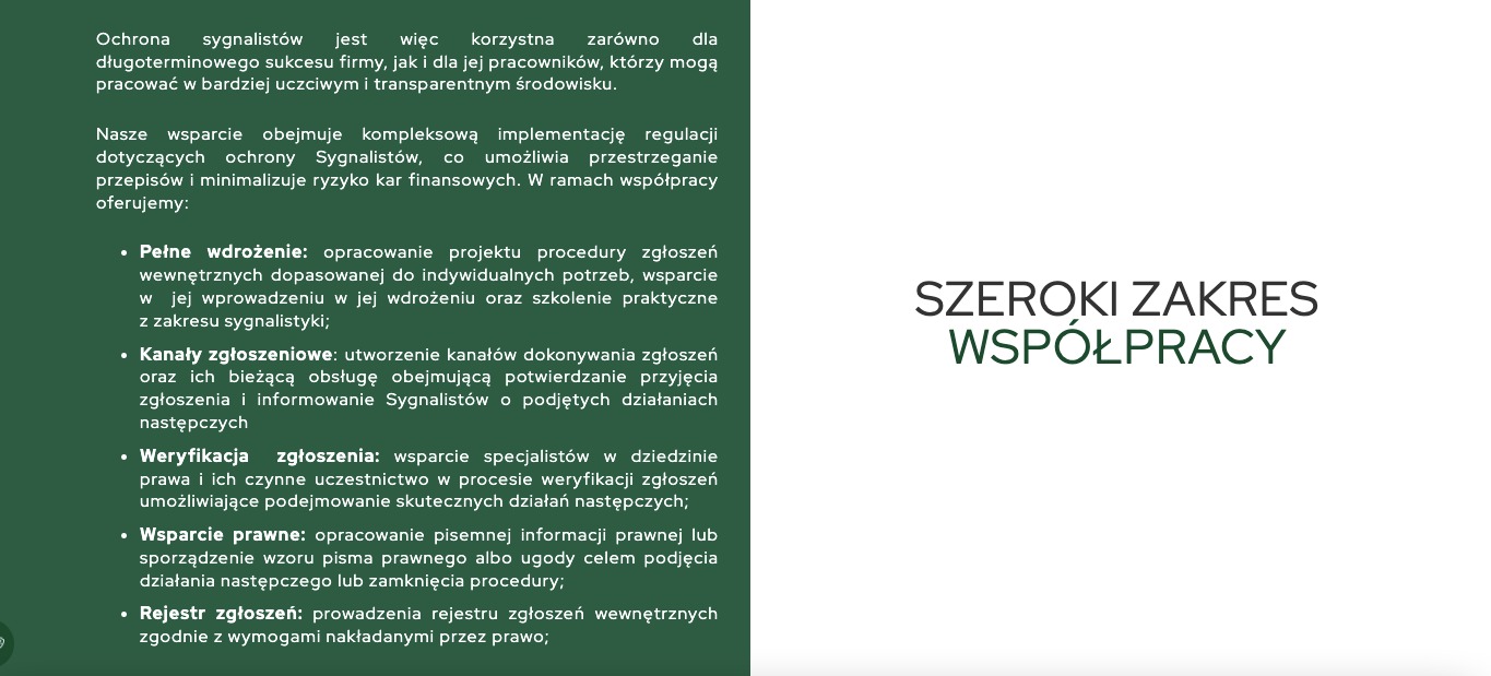 Tekst informacyjny o ochronie sygnalistów, obejmujący wdrożenie procedur zgłoszeń wewnętrznych, wsparcie prawne i rejestr zgłoszeń, z nagłówkiem 'Szeroki zakres współpracy'.