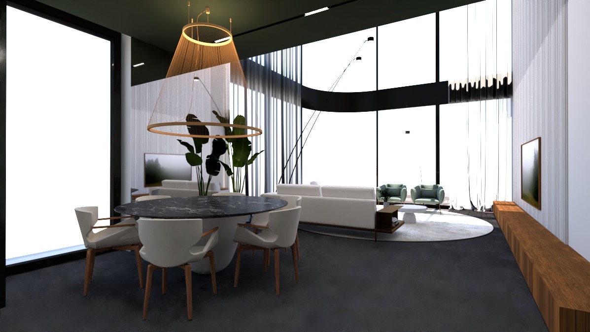 Wizualizacja nowoczesnego salonu z okrągłym stołem z marmurowym blatem, białymi krzesłami, lampą wiszącą w kształcie okręgu i dużymi oknami z widokiem na zewnątrz.