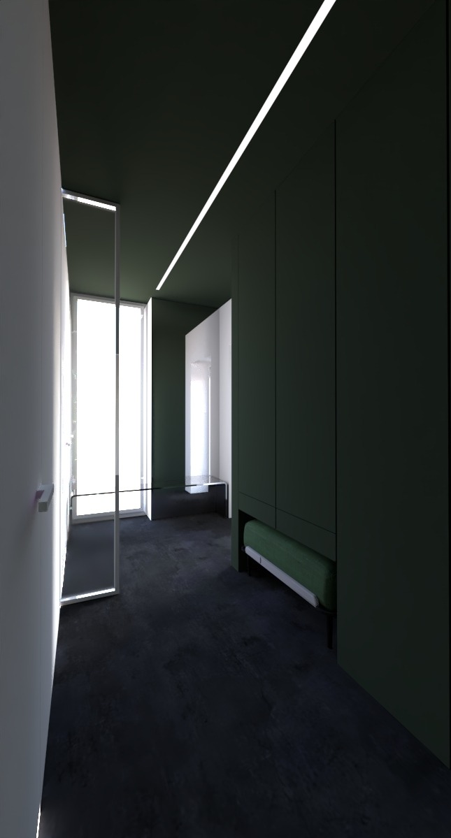Nowoczesny korytarz w ciemnej tonacji zieleni z białymi akcentami, oświetleniem LED i minimalistycznymi meblami.