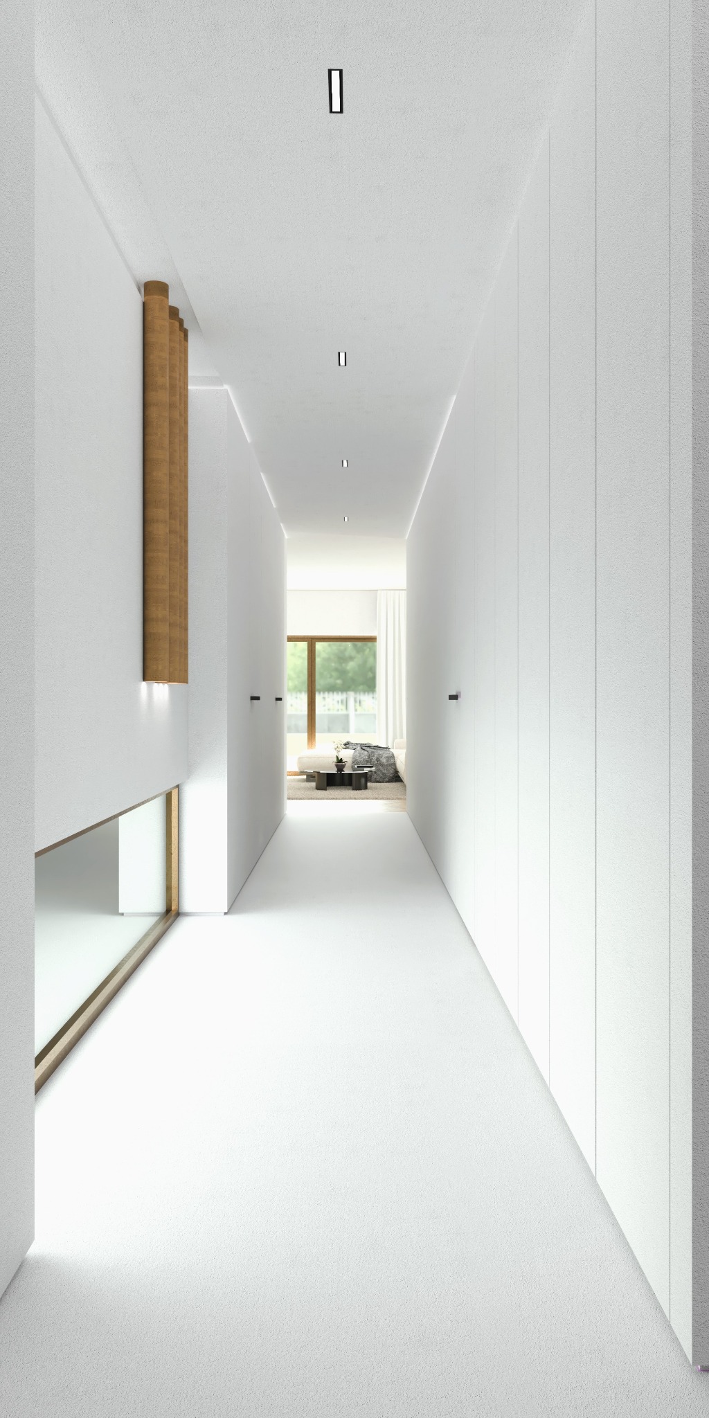 Długi, minimalistyczny korytarz w jasnych barwach z drewnianym panelem dekoracyjnym na ścianie i widokiem na salon.