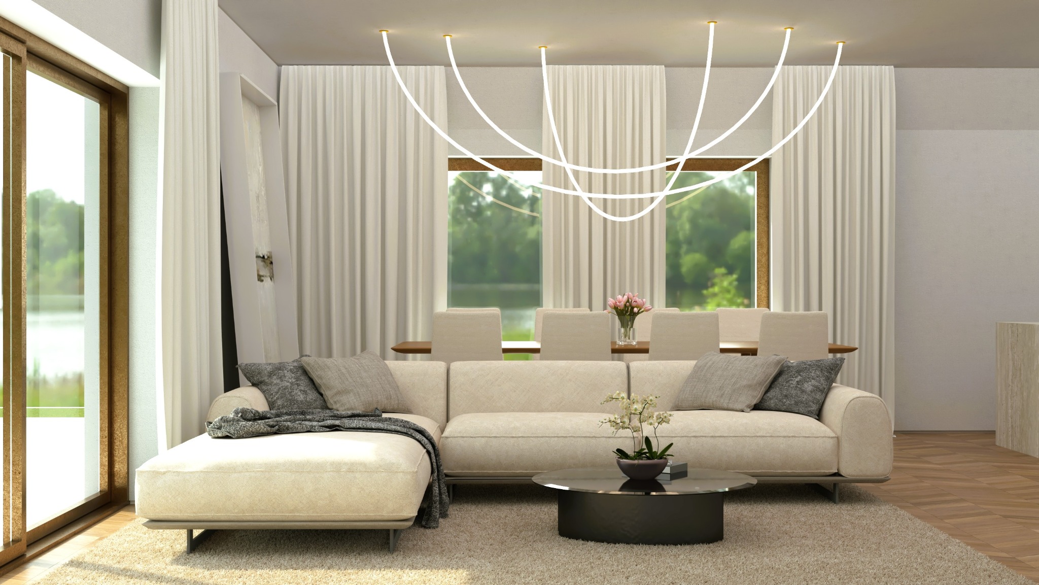 Jasny salon z narożną sofą, dywanem shaggy, minimalistycznym oświetleniem i widokiem na zieleń za oknem.