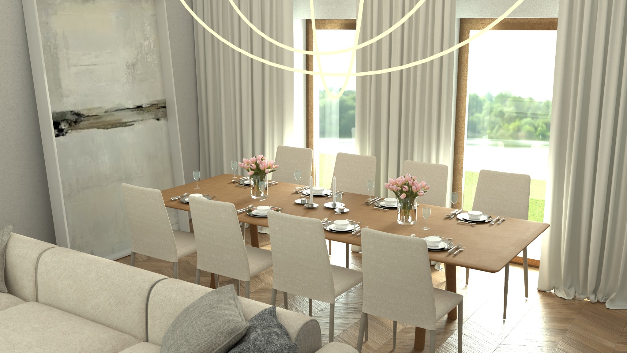 Jasna jadalnia z drewnianym stołem nakrytym dla dziesięciu osób, z tulipanami w wazonach, nowoczesnym oświetleniem i abstrakcyjnym obrazem na ścianie.
