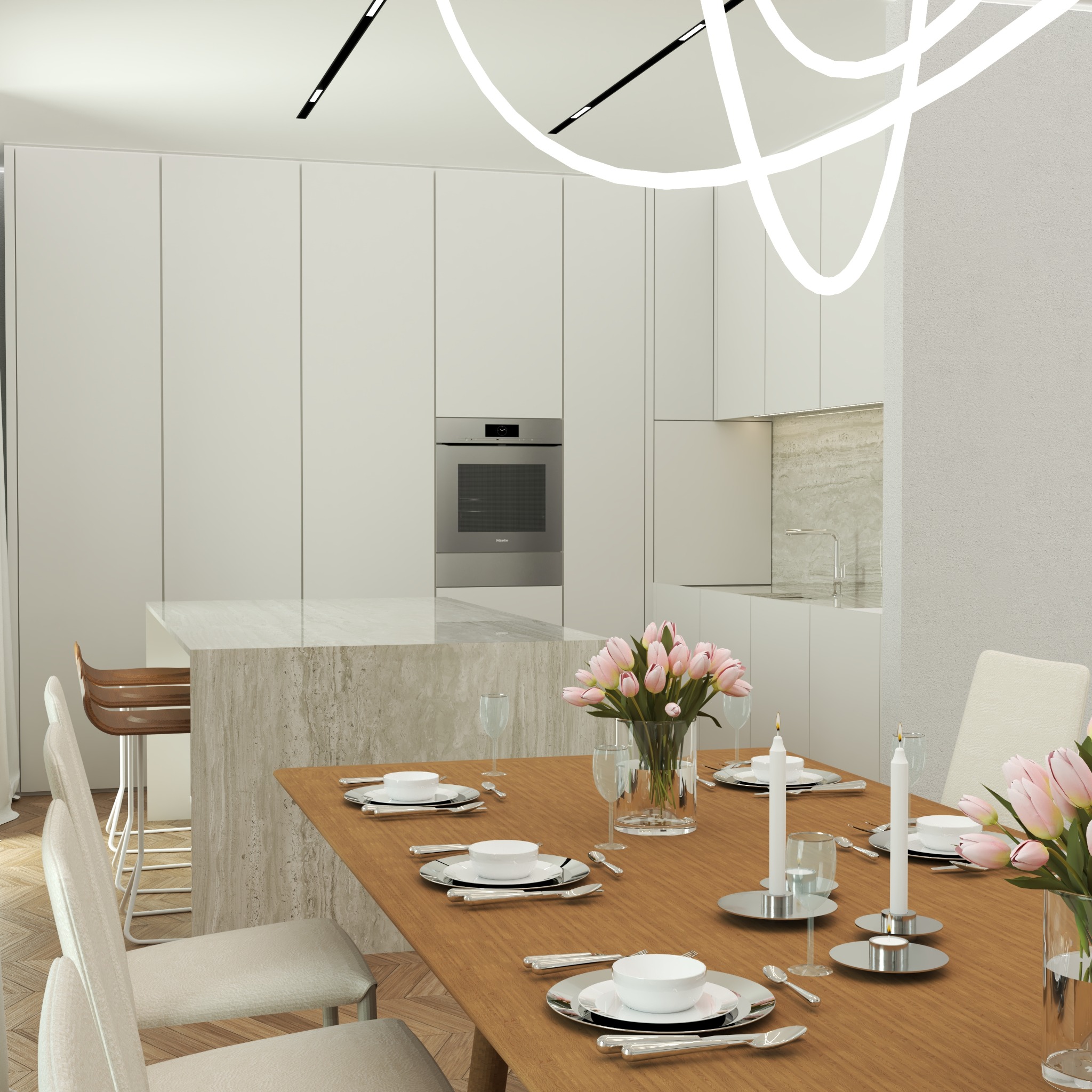 Jasna kuchnia z wyspą i stołem jadalnym, nakrytym do posiłku, dekorowana kwiatami i świecami, nowoczesne oświetlenie sufitowe.