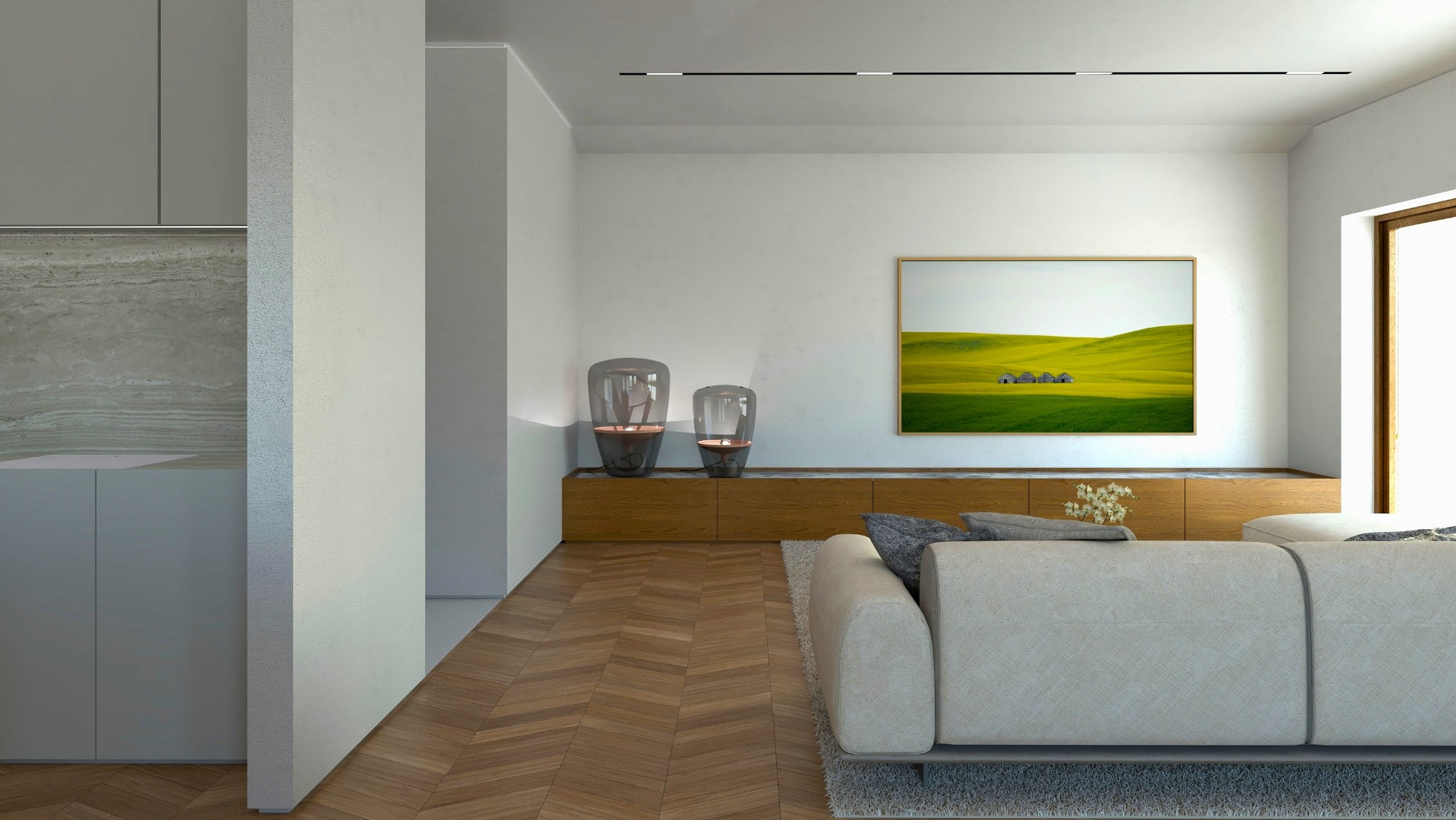 Nowoczesny salon z parkietem w jodełkę, beżową sofą, drewnianą szafką RTV i obrazem przedstawiającym zielone wzgórza.