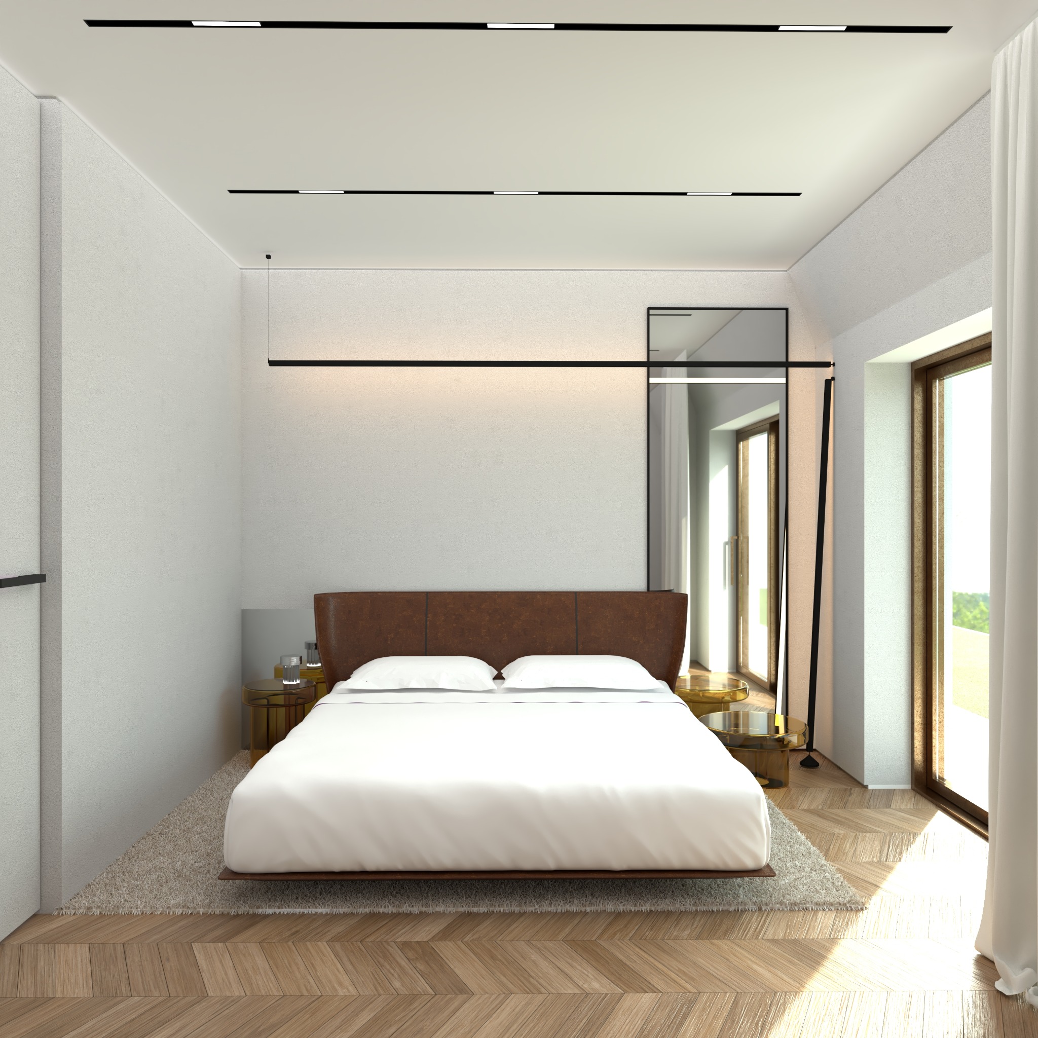 Nowoczesna sypialnia w Starowej Górze z łóżkiem z brązowym wezgłowiem, białymi poduszkami i pościelą, oświetleniem listwowym LED na suficie i parkietem ułożonym w jodełkę.