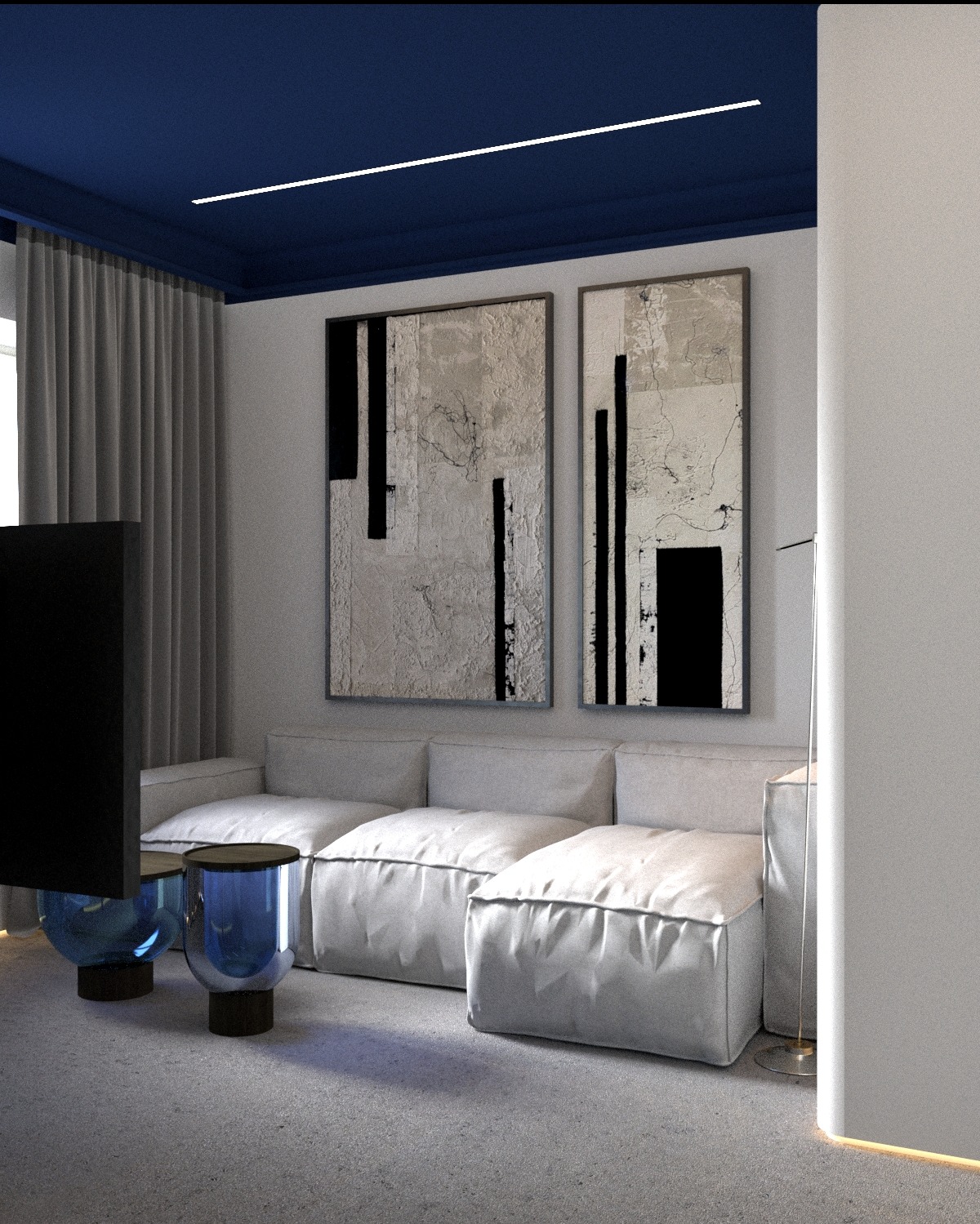 Wizualizacja salonu z modułową sofą w kolorze złamanej bieli, abstrakcyjne obrazy na ścianie, niebieski sufit z liniowym oświetleniem LED i szklane stoliki kawowe.