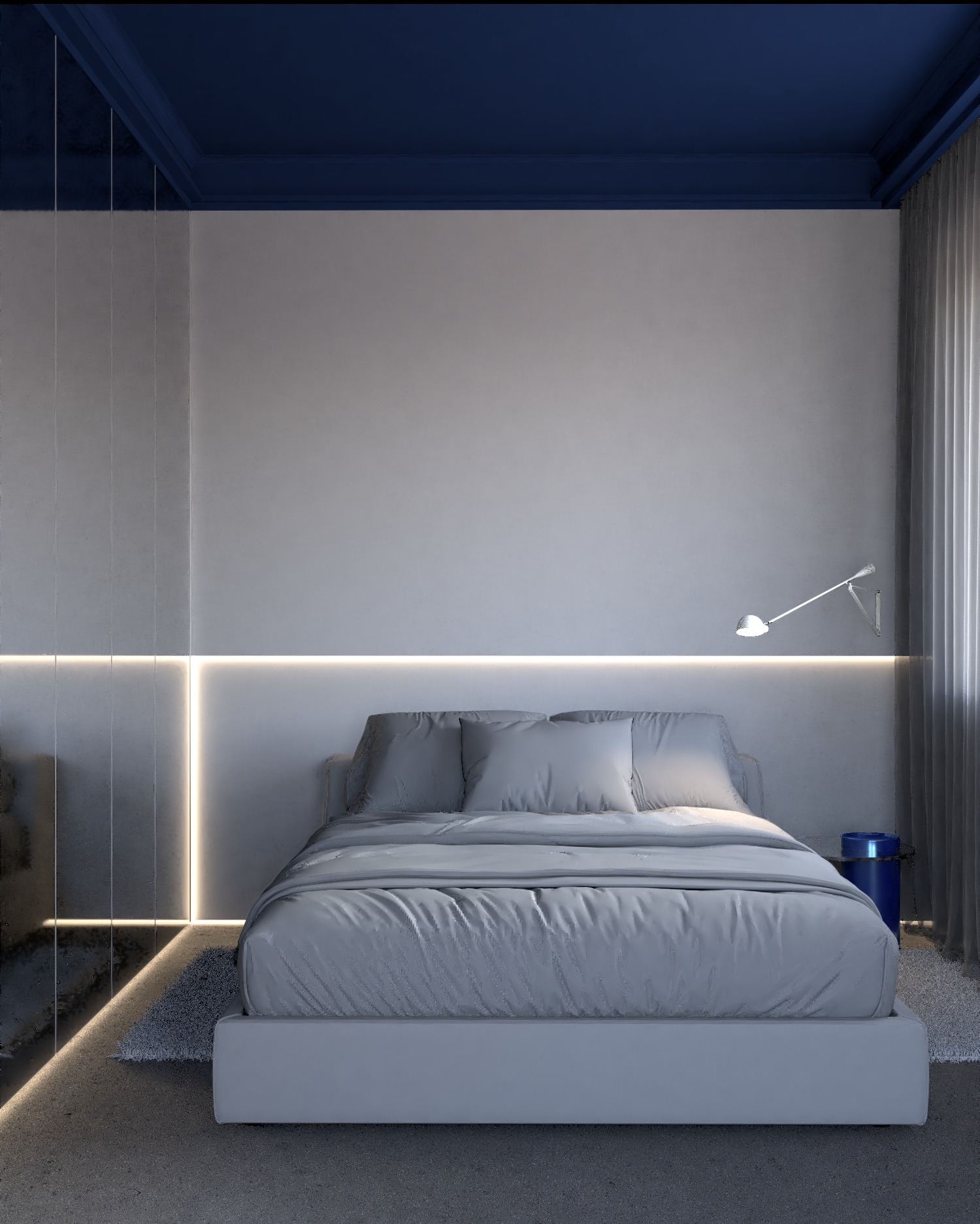 Minimalistyczna sypialnia z szarą pościelą, niebieskim sufitem i podświetleniem LED wzdłuż ściany, uzupełniona o lampkę nocną i niebieski stolik.