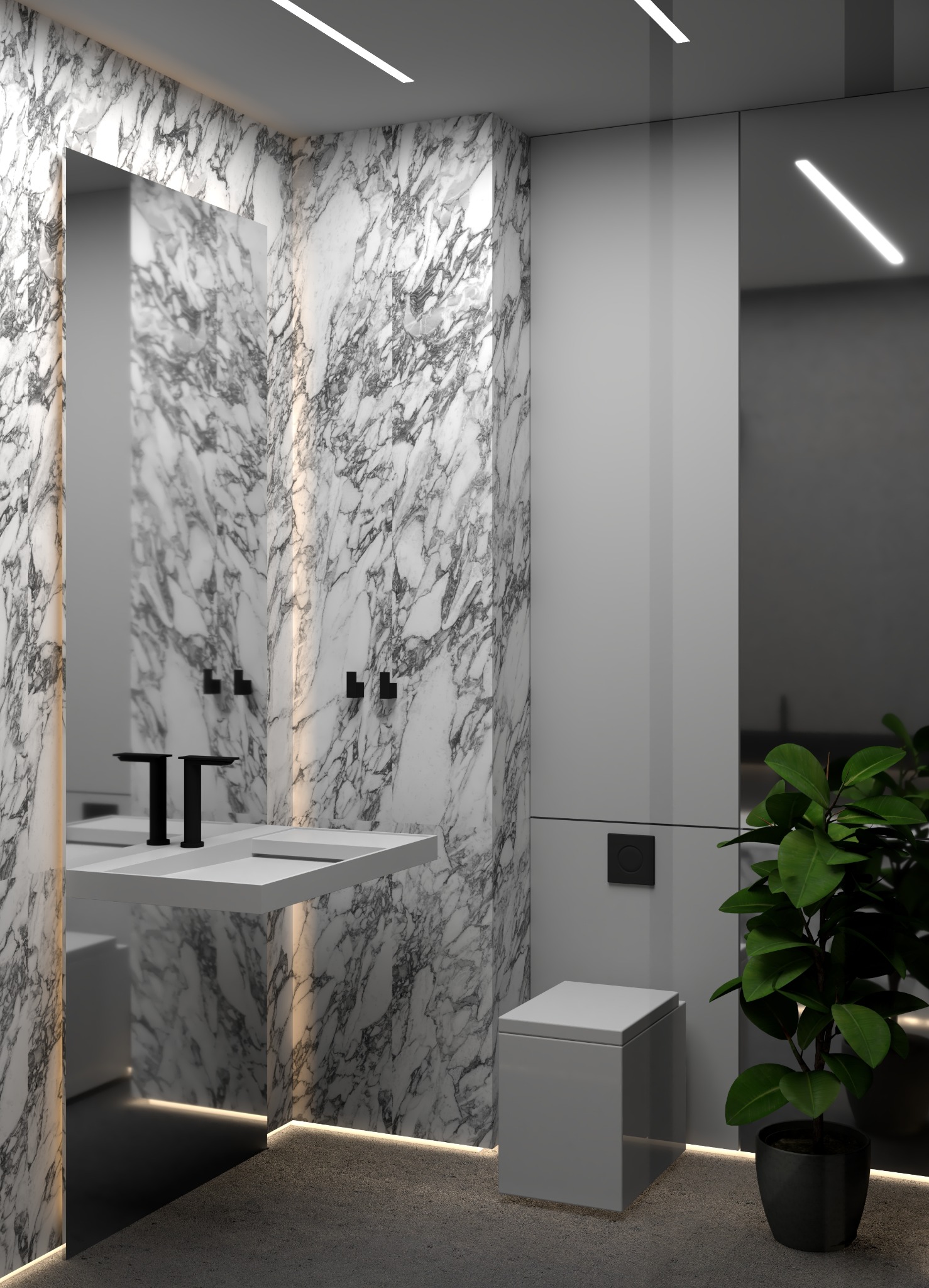 Nowoczesna łazienka z marmurowymi ścianami, minimalistyczną umywalką z czarną armaturą i podświetleniem LED wzdłuż podłogi i ściany.