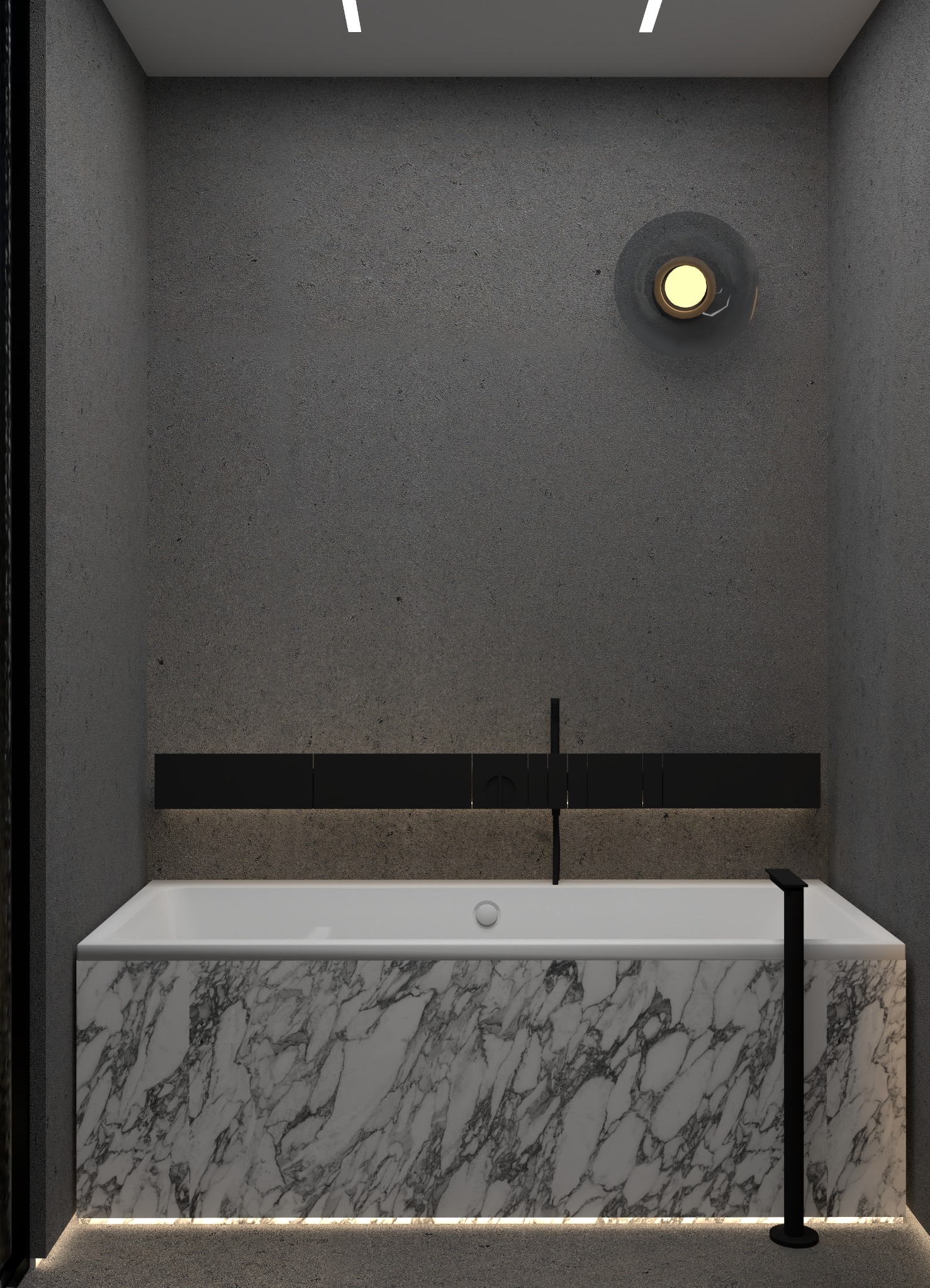 Nowoczesna łazienka z wanną obłożoną marmurem, czarną armaturą i oświetleniem LED pod wanną oraz okrągłym kinkietem na szarej ścianie.