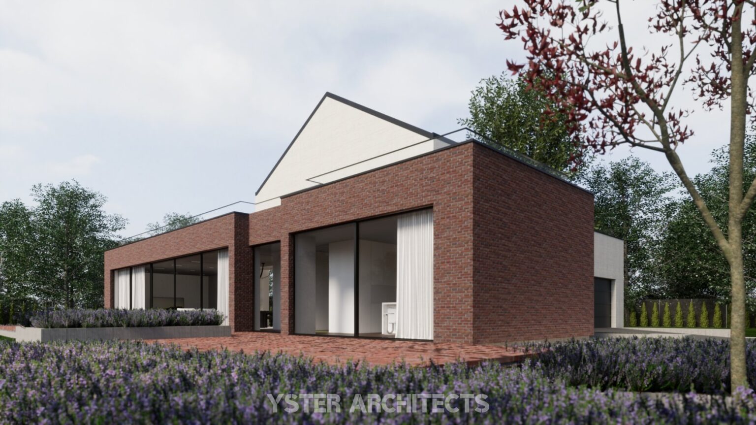 Wizualizacja domu z czerwonej cegły z dużymi oknami i płaskim dachem, otoczonego zielenią i fioletowymi kwiatami. Minimalistyczny styl architektoniczny.