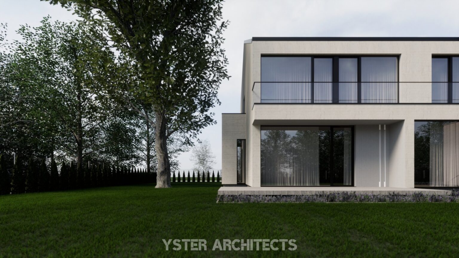 Wizualizacja nowoczesnego, dwukondygnacyjnego domu z płaskim dachem, dużymi oknami i balkonem, otoczonego zielenią. Widoczny fragment trawnika i drzewa.