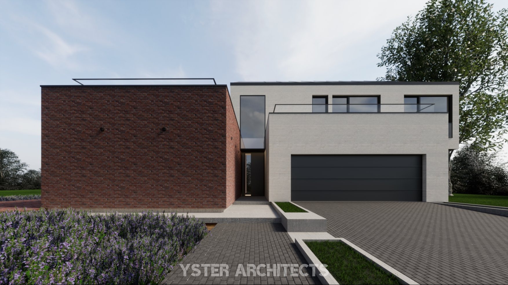 Wizualizacja dwukondygnacyjnego domu z garażem i ceglaną ścianą, z nowoczesnym stylem architektonicznym, podkreślonym przez minimalistyczne detale i geometryczne kształty.